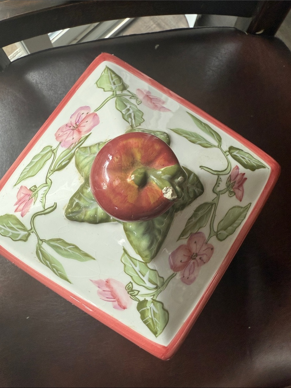 Botanical Ceramic Canister with Red Accent and Apple Finial - Picture 3 of 12